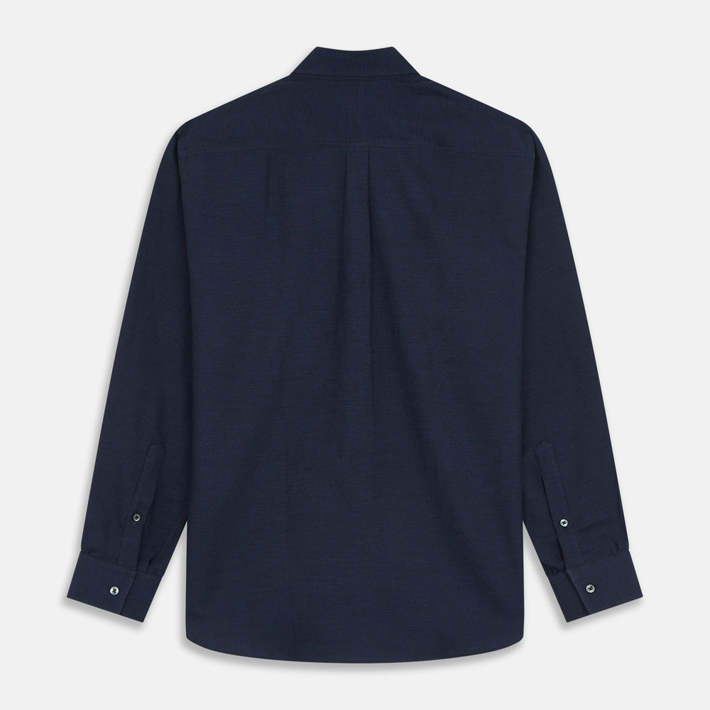 The Turnbull & Asser Navy Weekend Fit Nevis Cotton-Cashmere Shirt features a Dorset collar, 1-button cuffs, and is laid flat on a white background.