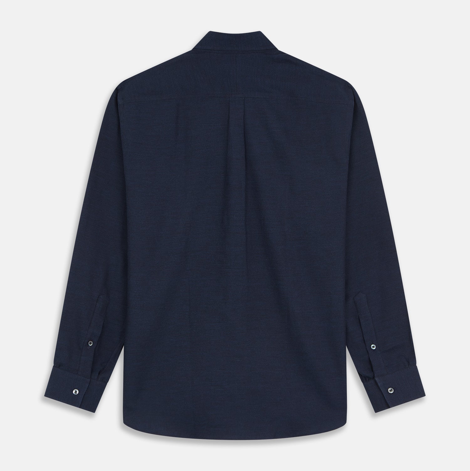 View 5 of product The Turnbull & Asser Navy Weekend Fit Nevis Cotton-Cashmere Shirt features a Dorset collar, 1-button cuffs, and is laid flat on a white background.