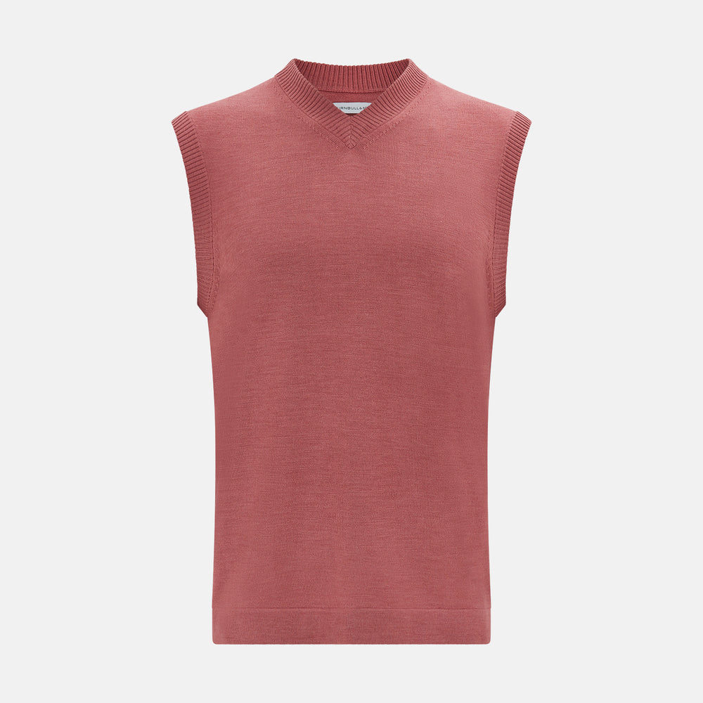 The Turnbull & Asser Antique Pink Fine Merino V-Neck Vest features ribbed trim at the neckline, armholes, and hem—a stylish layering piece for cooler seasons. Shown against a plain white background.