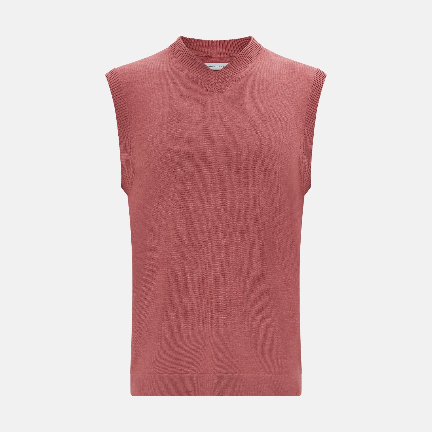 View 1 of product The Turnbull & Asser Antique Pink Fine Merino V-Neck Vest features ribbed trim at the neckline, armholes, and hem—a stylish layering piece for cooler seasons. Shown against a plain white background.