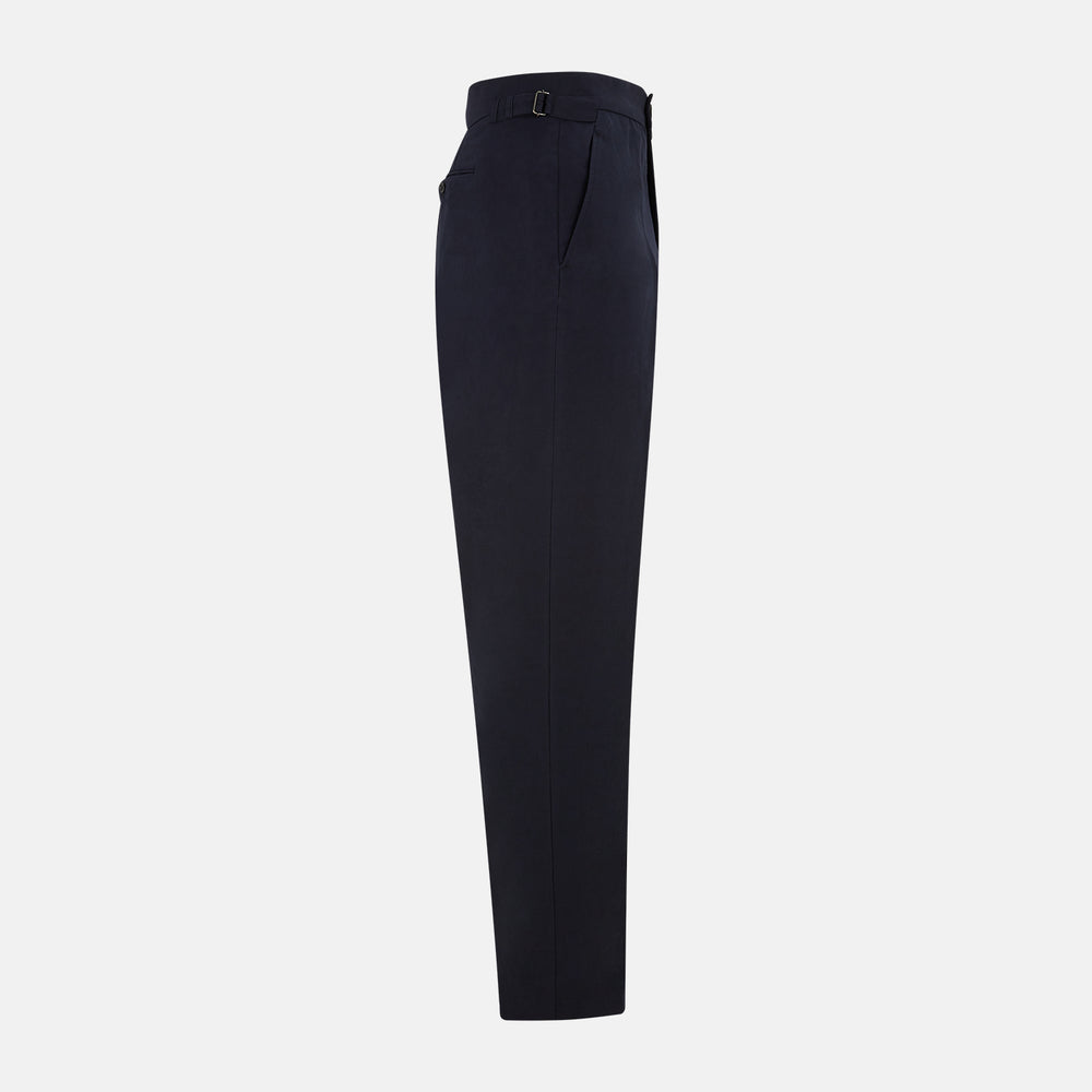 Turnbull & Asser Navy Linen Henry Trousers feature a button closure and pressed front creases, ideal as formal navy trousers, and are shown against a plain white background.