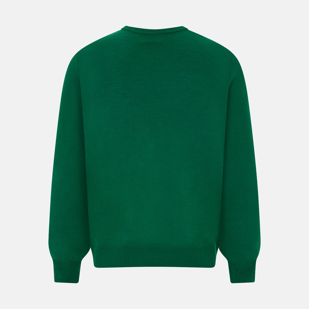 The Turnbull & Asser Hunter Green Fine Merino V-Neck Jumper is displayed against a white background, highlighting classic knitwear style.
