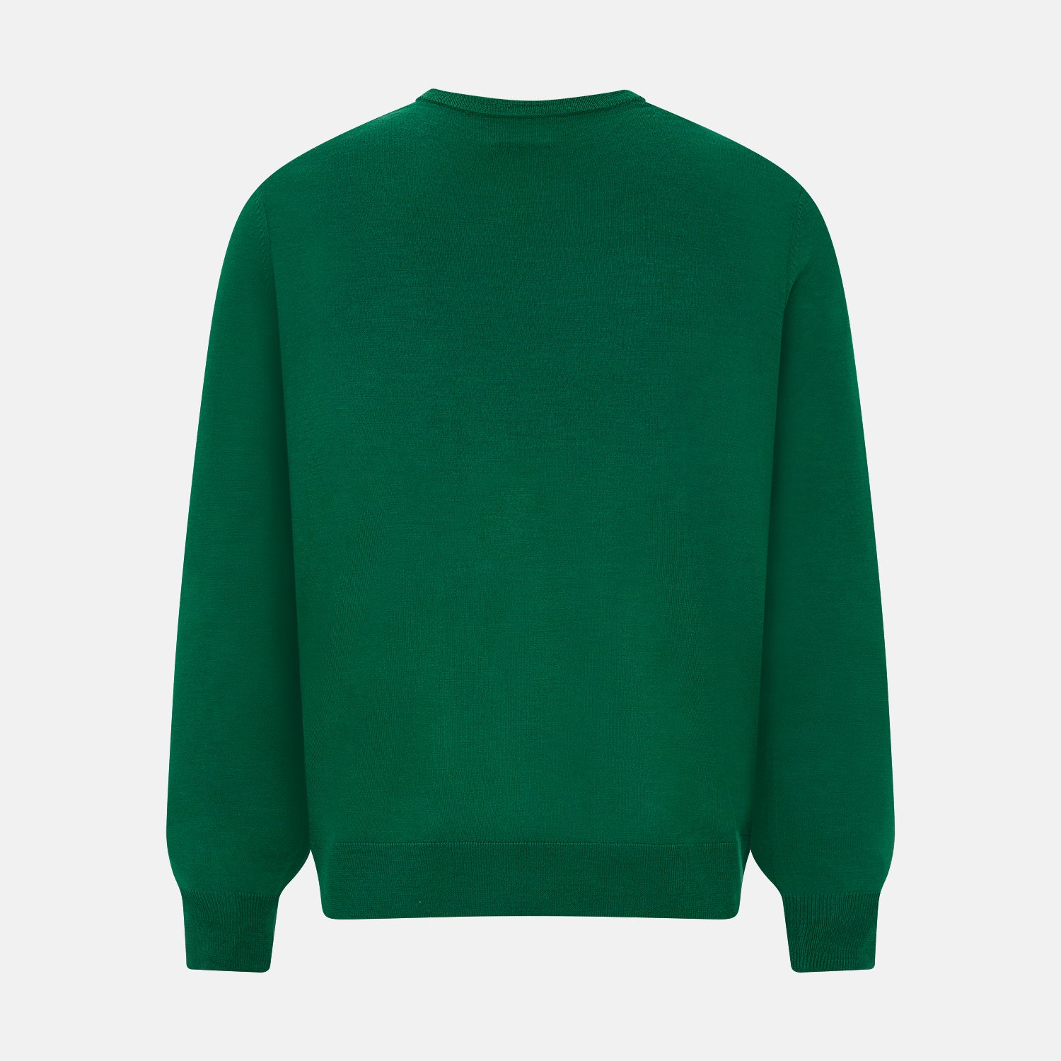View 3 of product The Turnbull & Asser Hunter Green Fine Merino V-Neck Jumper is displayed against a white background, highlighting classic knitwear style.
