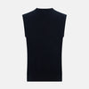 View 3 of product The Navy Cashmere Round Neck Vest by Turnbull & Asser is an elegant men's sleeveless knit, featuring a crew neck and ribbed hem. Perfect as a light layer, it is displayed against a plain white background.