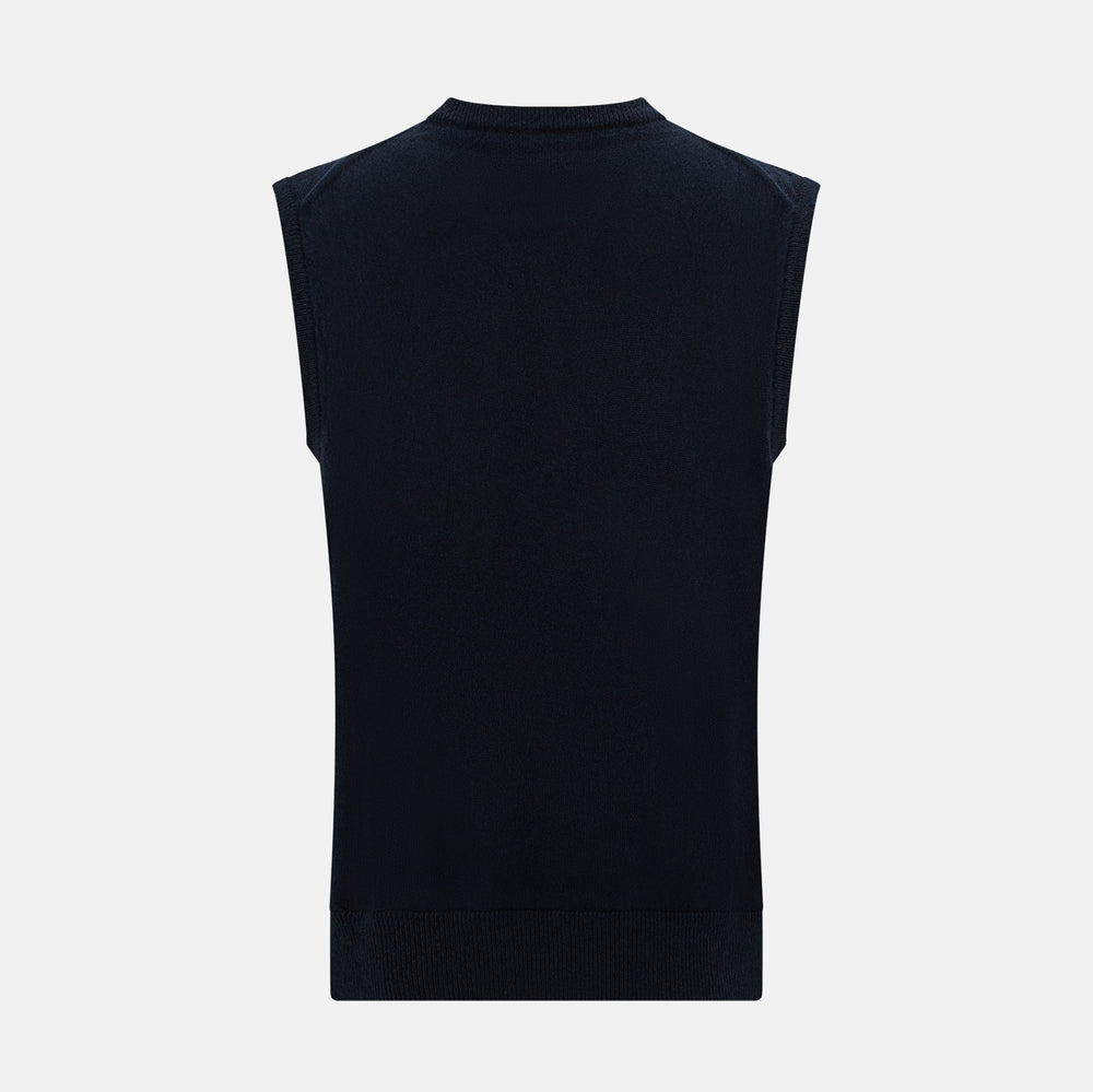 The Navy Cashmere Round Neck Vest by Turnbull & Asser is an elegant men's sleeveless knit, featuring a crew neck and ribbed hem. Perfect as a light layer, it is displayed against a plain white background.