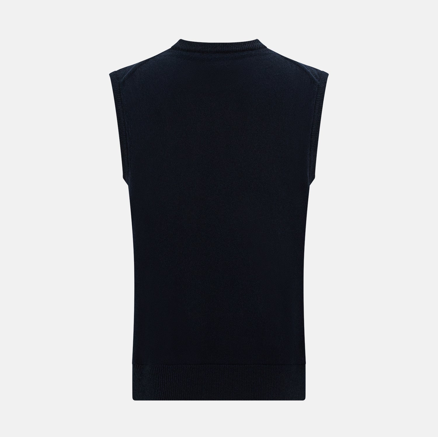 View 3 of product The Navy Cashmere Round Neck Vest by Turnbull & Asser is an elegant men's sleeveless knit, featuring a crew neck and ribbed hem. Perfect as a light layer, it is displayed against a plain white background.