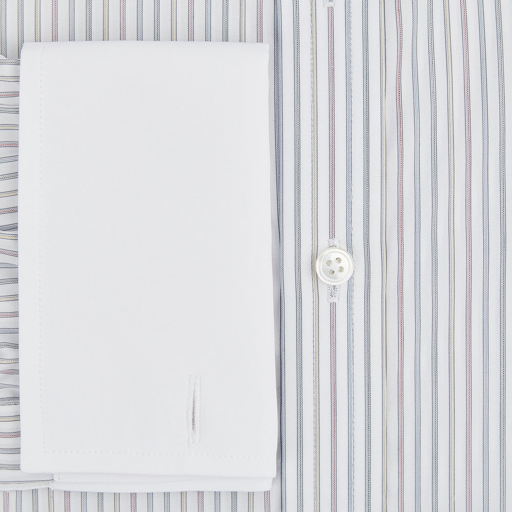 The Turnbull & Asser Multicoloured Music Stripe Shirt features a classic fit, contrast collar, and double cuffs—an elegant British design displayed on a plain light background.