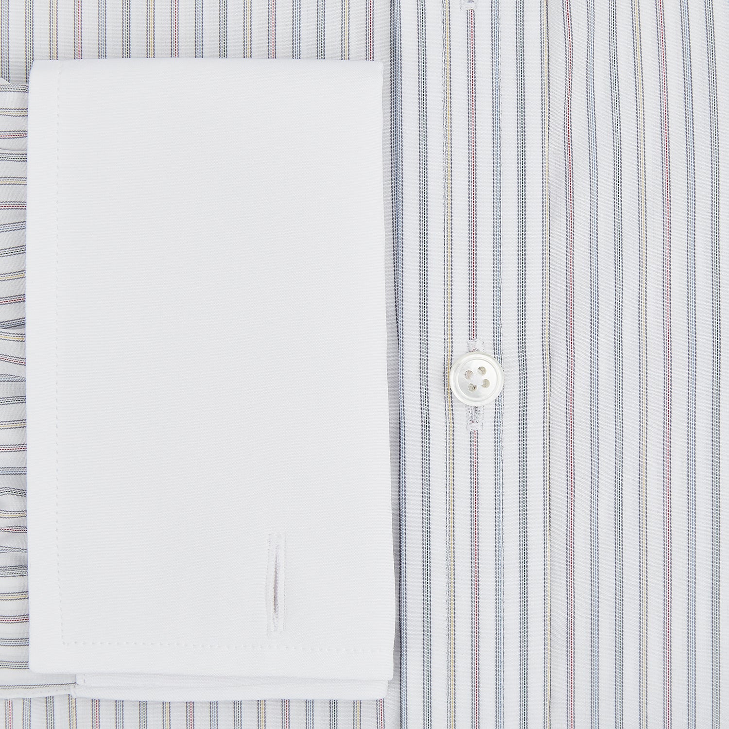 View 4 of product The Turnbull & Asser Multicoloured Music Stripe Shirt features a classic fit, contrast collar, and double cuffs—an elegant British design displayed on a plain light background.