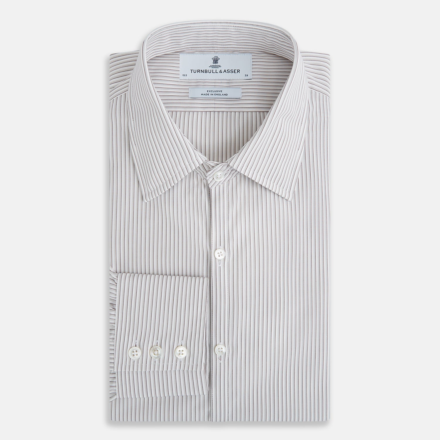 View 5 of product The Coffee and Grey Shadow Pinstripe Westminster Shirt by Turnbull & Asser features thin white and gray stripes, a long sleeve, button-down style, and signature collar, all reflecting classic British craftsmanship.
