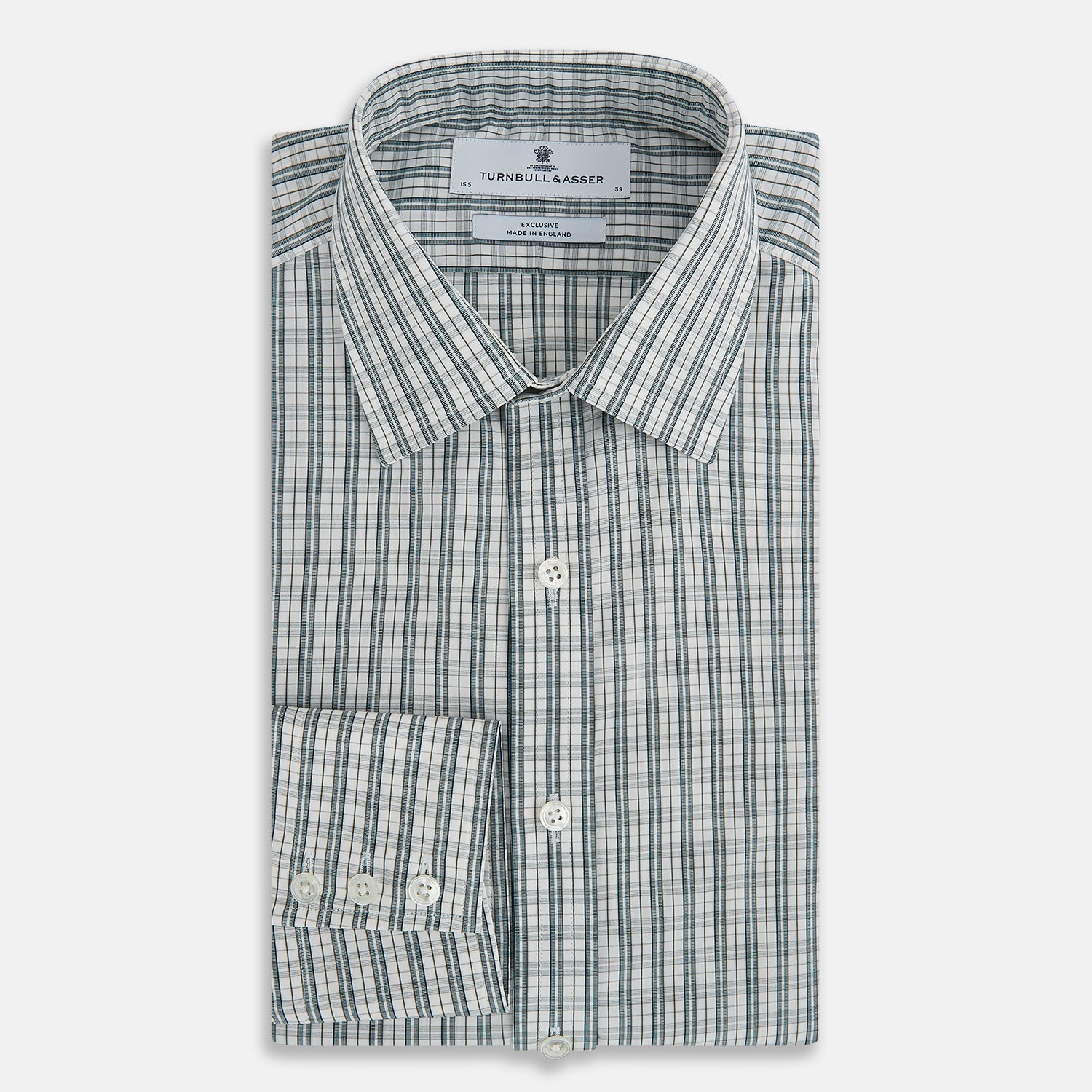 View 5 of product The Turnbull & Asser Forest Green Multi Check Mayfair Shirt is a long-sleeve button-up crafted from premium Italian cotton, featuring a blue and forest green check on white, with a pointed collar and buttoned cuffs.
