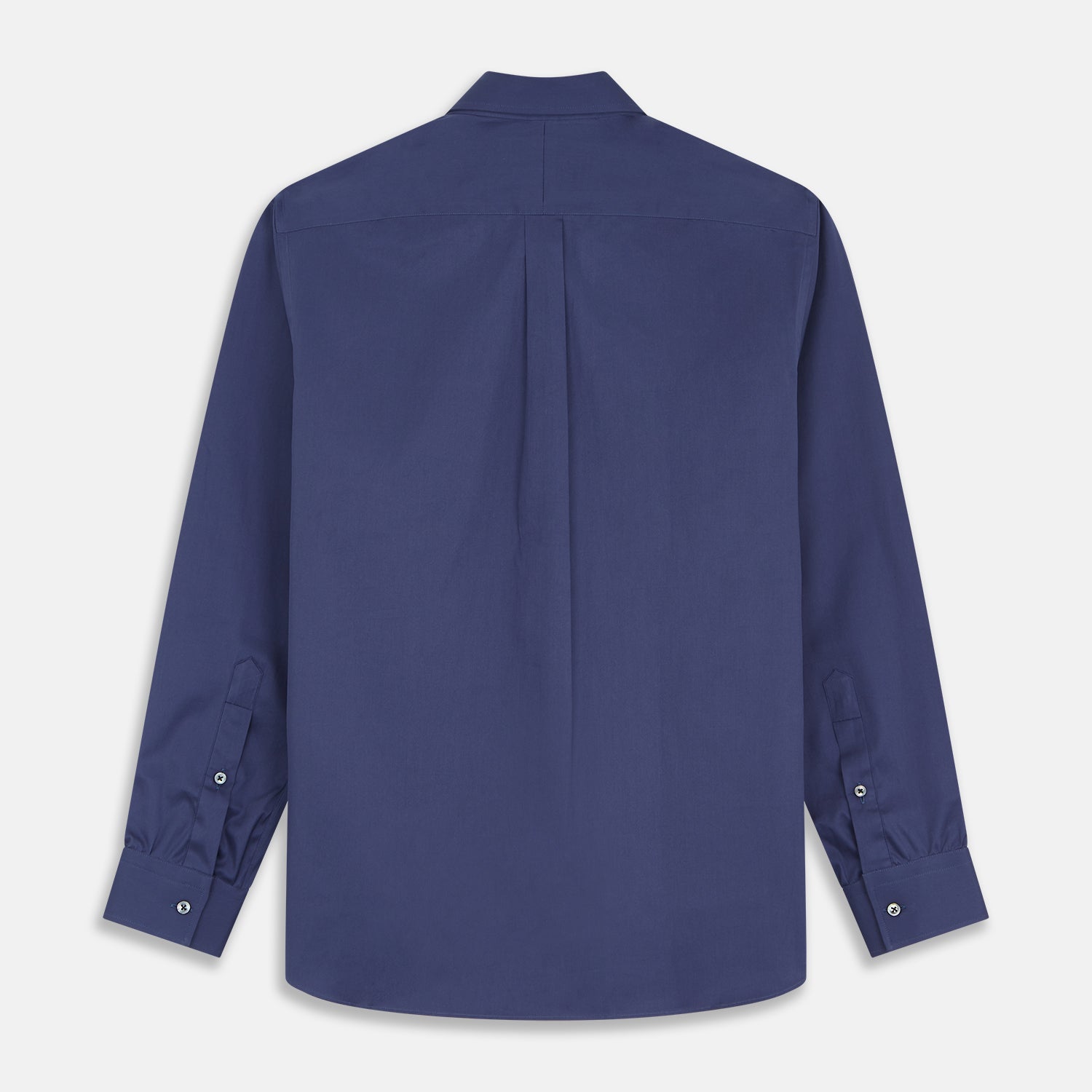 View 7 of product The Blue Piece Dyed Weekend Fit Suffolk Shirt by Turnbull & Asser features a button-down Dorset collar, chest pocket, white buttons, and long sleeves in classic navy, laid flat against a white background.