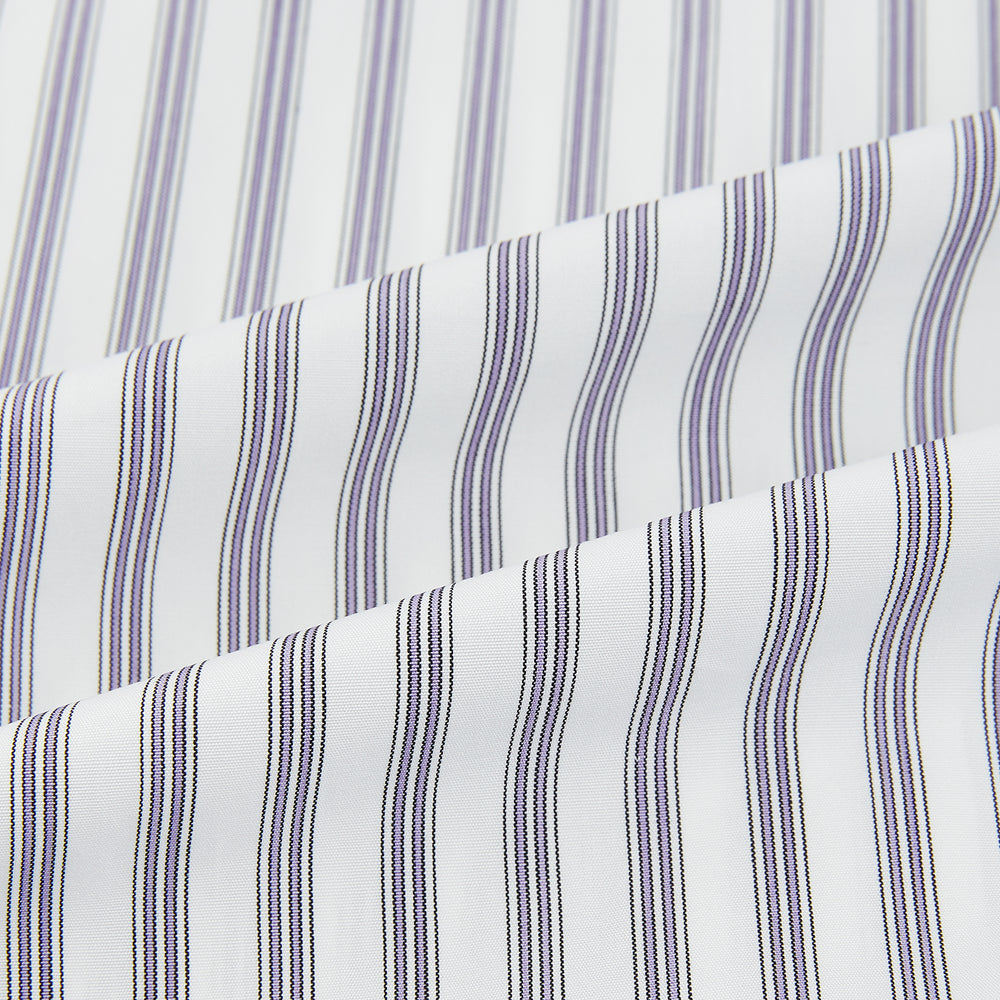 The Purple Multi Stripe Mayfair Shirt from Turnbull & Asser is a pure cotton, collared long-sleeve shirt with white and gray vertical stripes and buttoned cuffs, displayed flat on a white background.