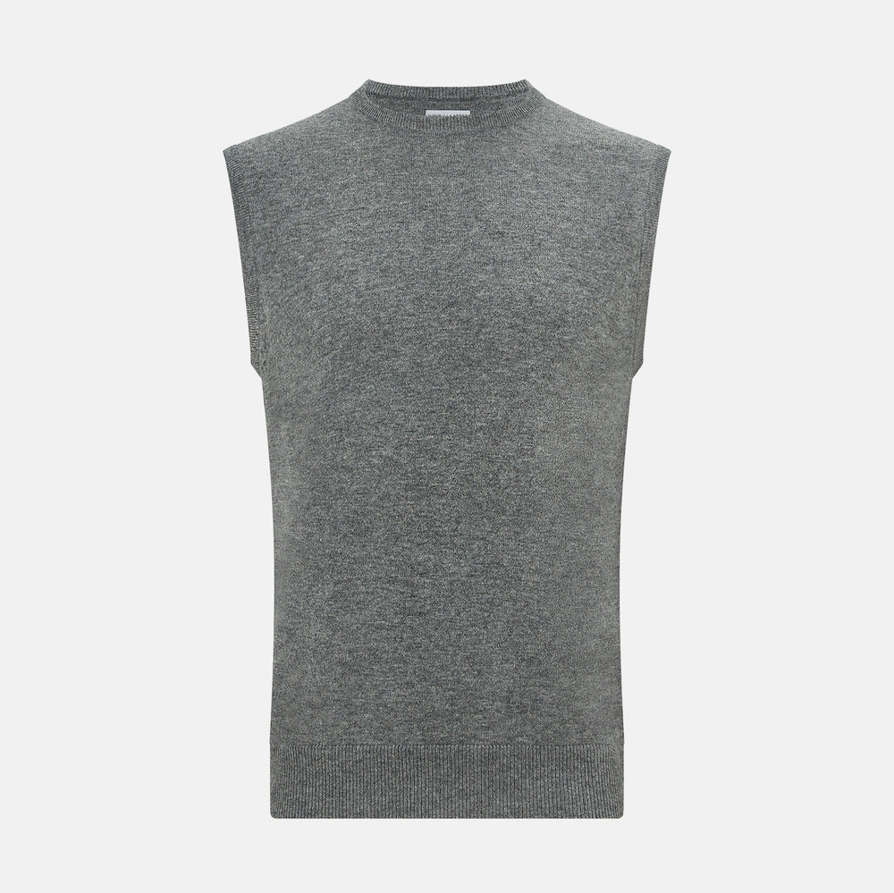 The Turnbull & Asser Ash Grey Cashmere Round Neck Vest is a men's sleeveless knit with a classic crew neckline, shown against a plain white background.