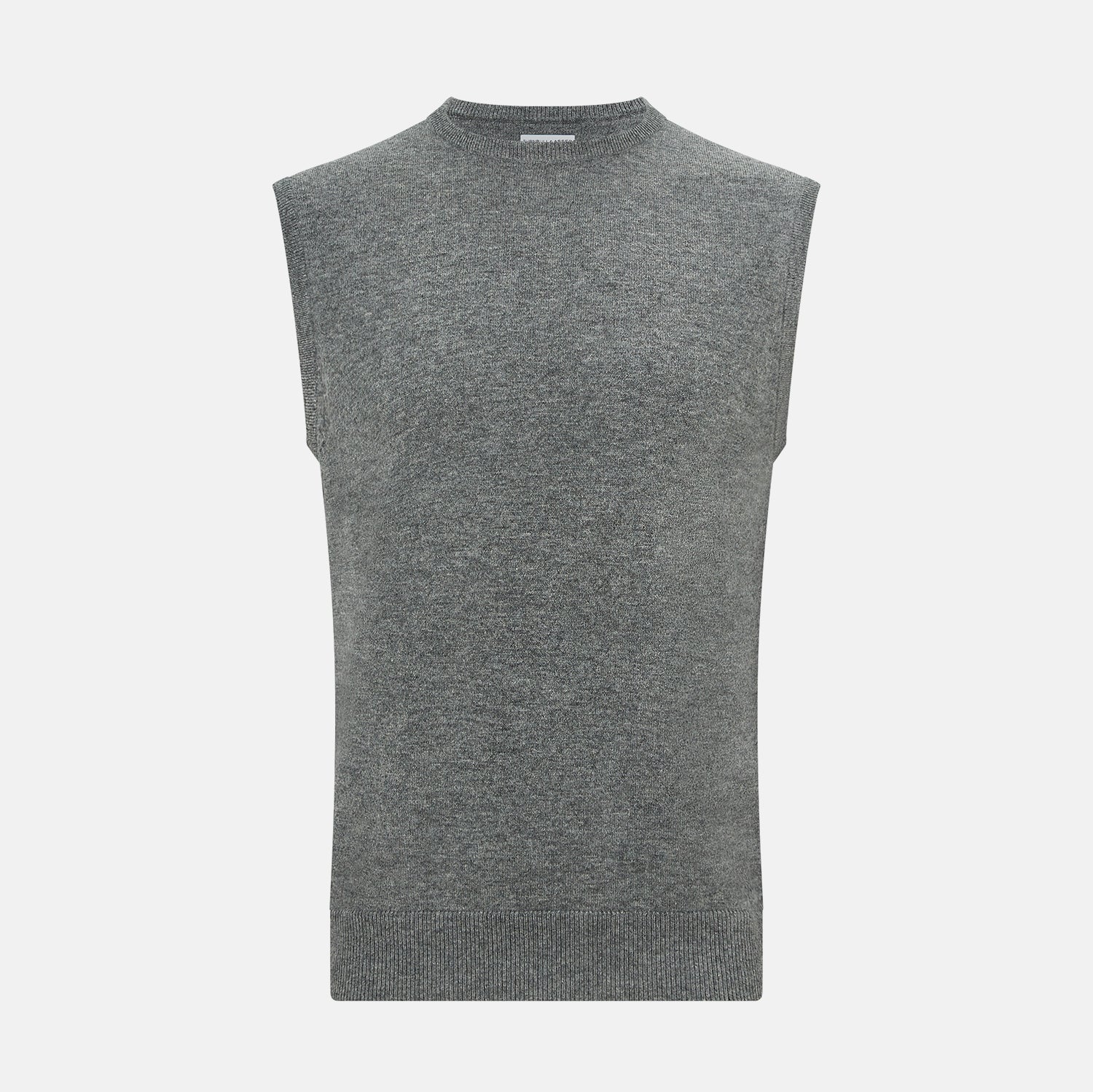 View 1 of product The Turnbull & Asser Ash Grey Cashmere Round Neck Vest is a men's sleeveless knit with a classic crew neckline, shown against a plain white background.