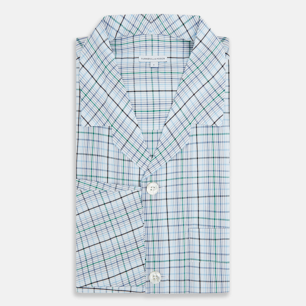 Turnbull & Asser’s Blue and Green Multi Check Pyjama Shirt features long sleeves and a button-up design with a blue and green plaid pattern—ideal for elegant loungewear or stylish nightwear.