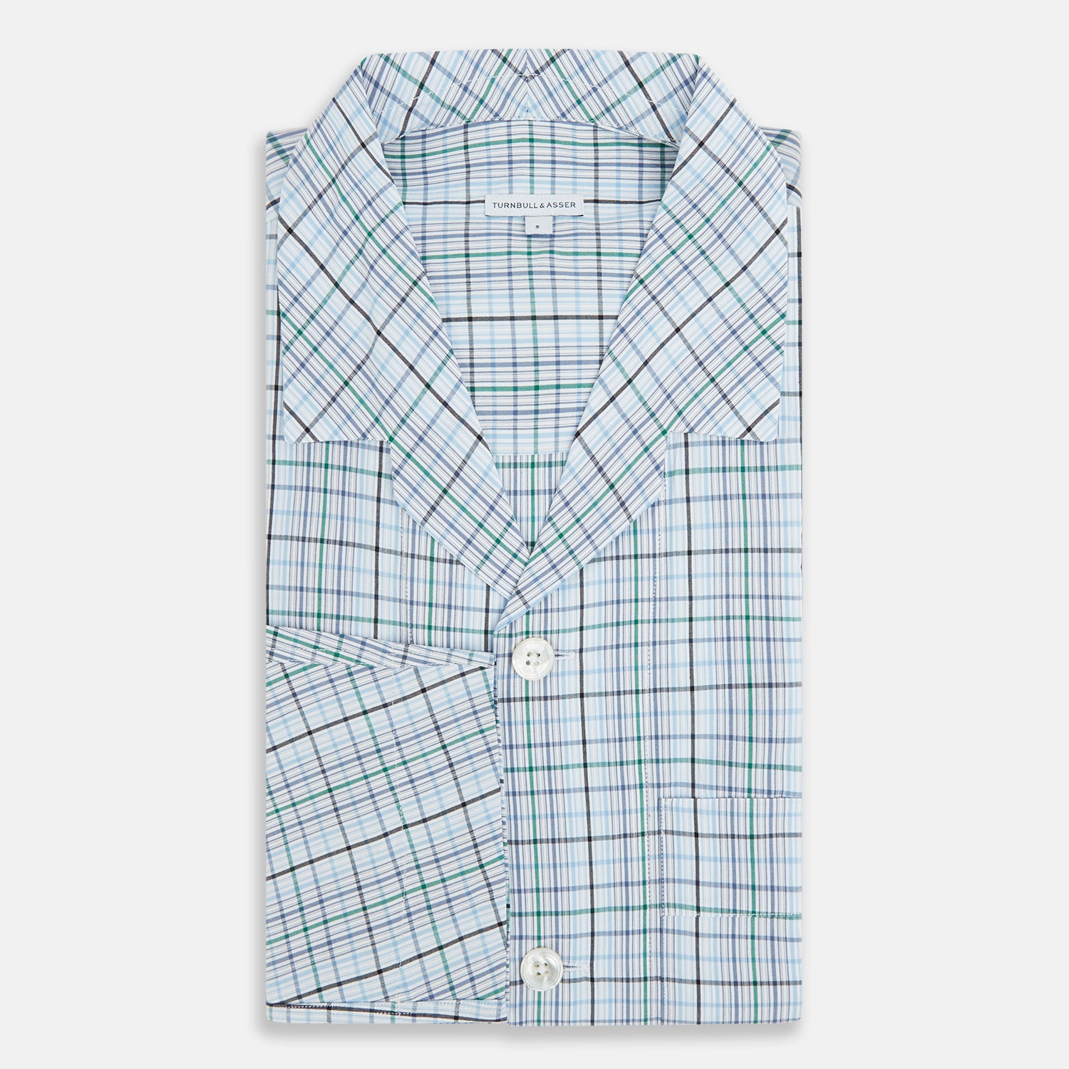 View 5 of product Turnbull & Asser’s Blue and Green Multi Check Pyjama Shirt features long sleeves and a button-up design with a blue and green plaid pattern—ideal for elegant loungewear or stylish nightwear.