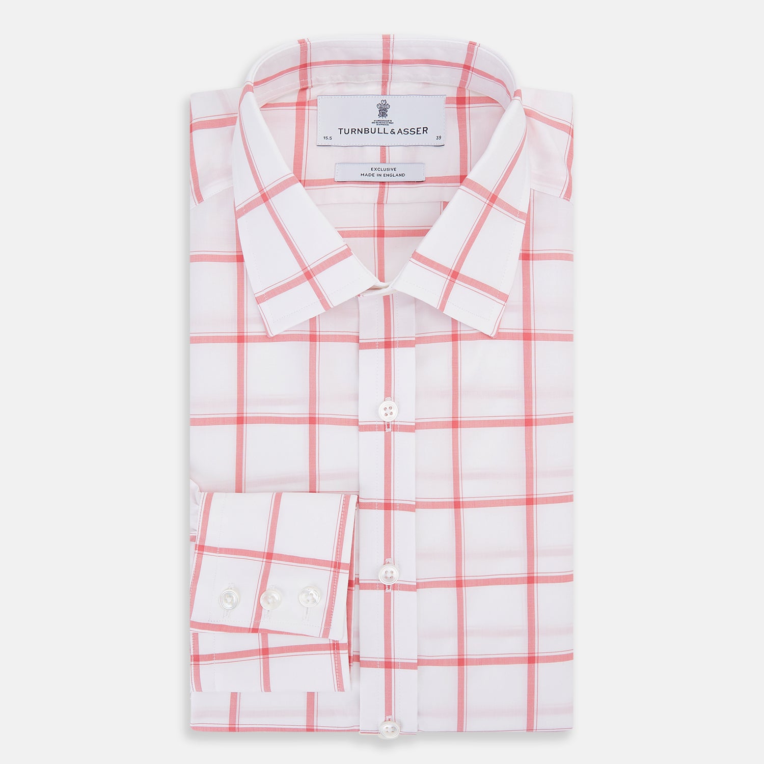 View 5 of product The Turnbull & Asser Coral Grid Check Mayfair Shirt is a white long-sleeve shirt with a collar, made from fine Italian cotton and featuring an evenly spaced coral grid check pattern.