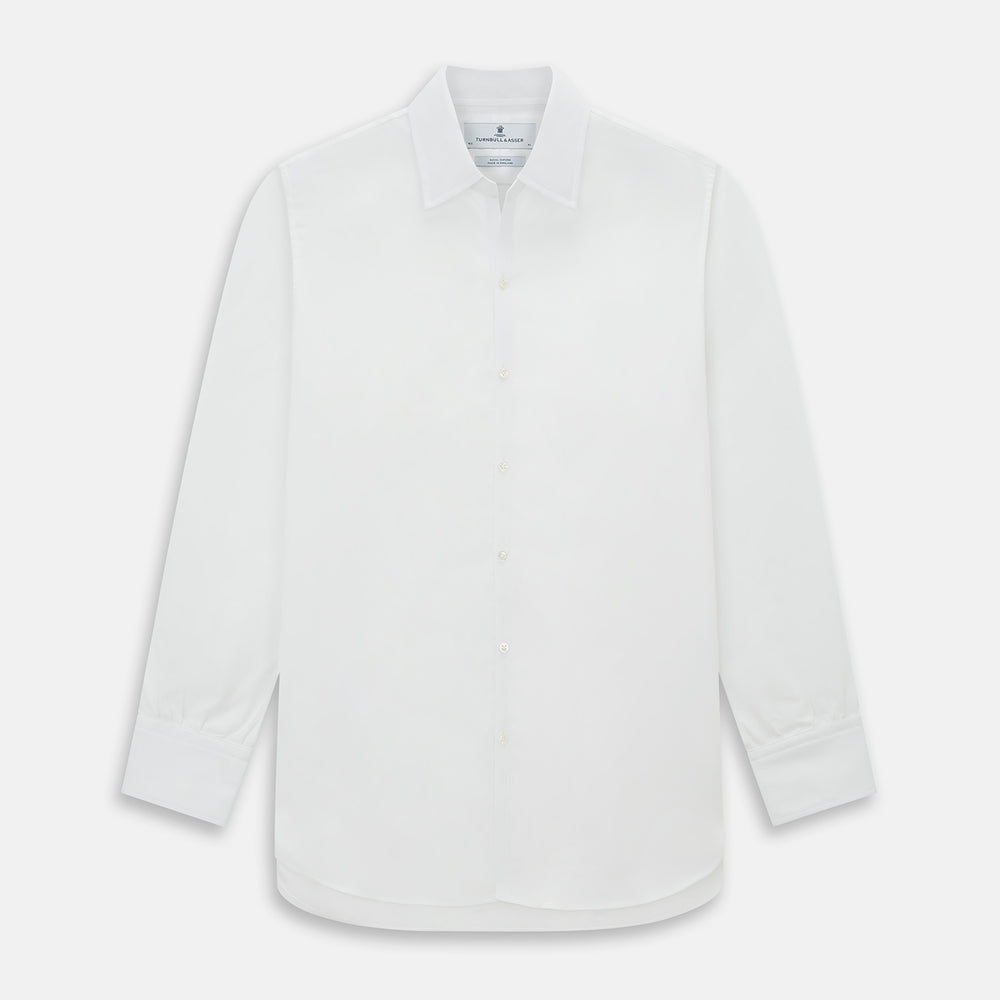 The Turnbull & Asser White Royal Oxford Cotton Windsor Shirt features a Turnbull open collar, long sleeves, 3-button cuffs, and a straight hem, shown against a plain white background.