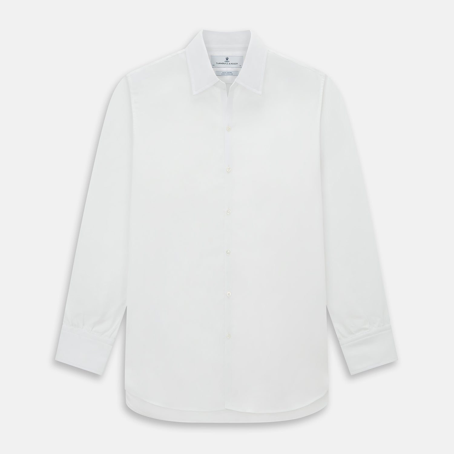 View 1 of product The Turnbull & Asser White Royal Oxford Cotton Windsor Shirt features a Turnbull open collar, long sleeves, 3-button cuffs, and a straight hem, shown against a plain white background.