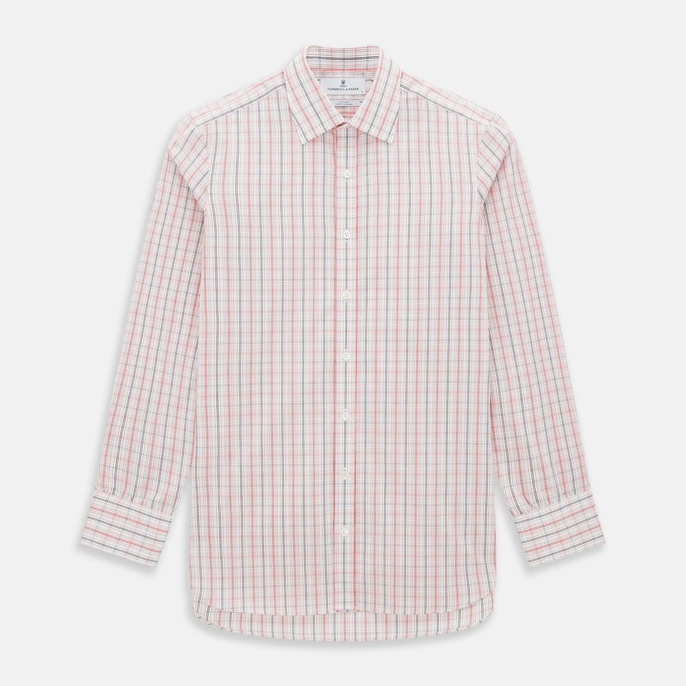 The Turnbull & Asser Red Multi Check Mayfair Shirt is a long-sleeve, button-up with a collar, crafted from Italian cotton and featuring a red multi check plaid pattern on white, shown laid flat against a white surface.