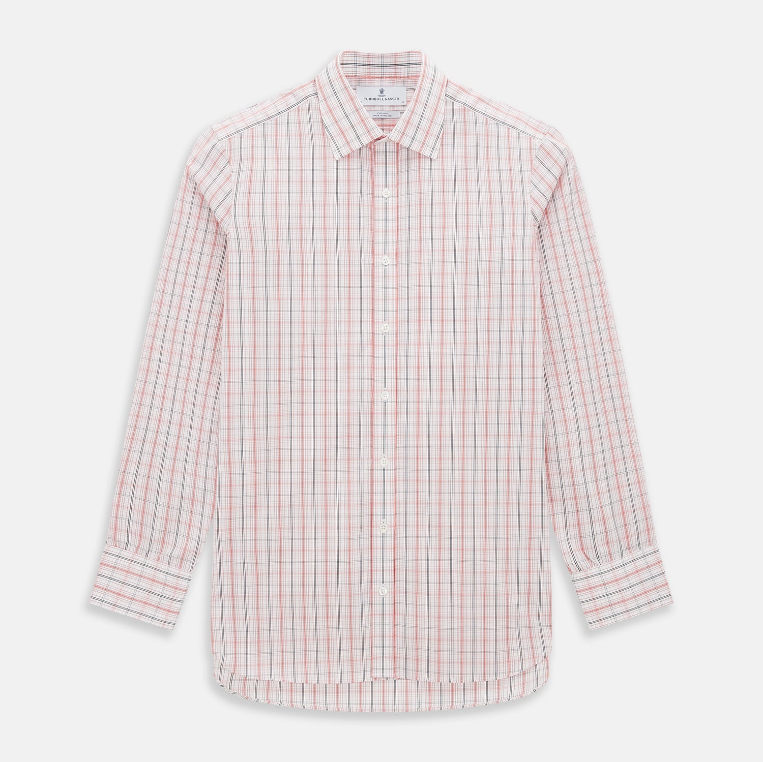 View 1 of product The Turnbull & Asser Red Multi Check Mayfair Shirt is a long-sleeve, button-up with a collar, crafted from Italian cotton and featuring a red multi check plaid pattern on white, shown laid flat against a white surface.