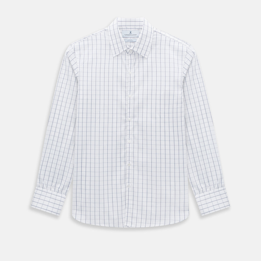 A Dark Navy Double-Line Checked Westminster Shirt by Turnbull & Asser, featuring button-down front, pointed collar, and buttoned cuffs—displaying British craftsmanship—laid flat on a white background.