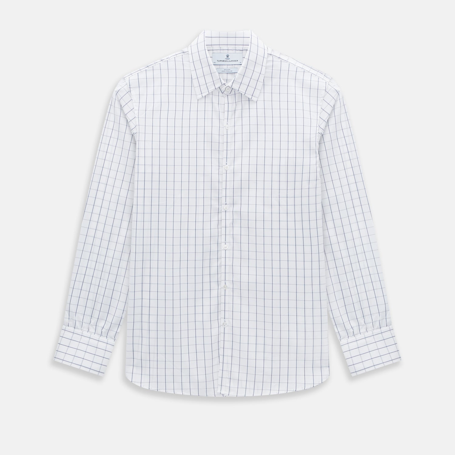 View 1 of product A Dark Navy Double-Line Checked Westminster Shirt by Turnbull & Asser, featuring button-down front, pointed collar, and buttoned cuffs—displaying British craftsmanship—laid flat on a white background.