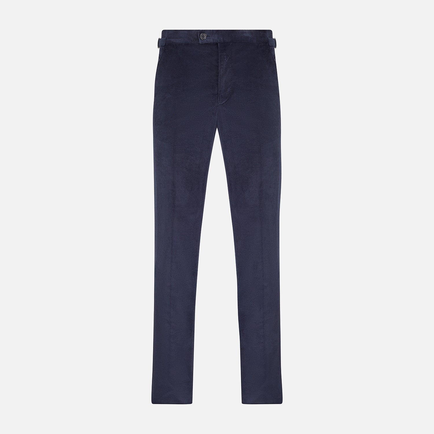View 1 of product The Turnbull & Asser Navy Corduroy Henry Trousers are tailored fit with a straight-leg cut, made from a wool-cotton blend, and feature front button and zip closure, shown against a plain white background.
