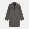 View 1 of product The Turnbull & Asser Grey Multi Check Wool Bernard Car Coat features a collar, three front buttons, long sleeves, and knee-length Prince of Wales check wool, shown against a white background.