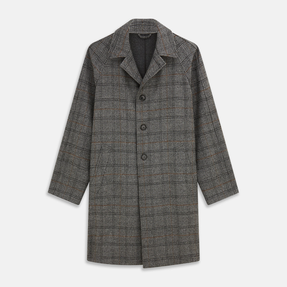 The Turnbull & Asser Grey Multi Check Wool Bernard Car Coat features a collar, three front buttons, long sleeves, and knee-length Prince of Wales check wool, shown against a white background.