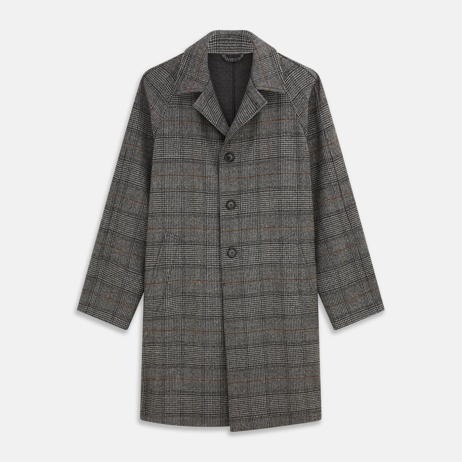 View 1 of product The Turnbull & Asser Grey Multi Check Wool Bernard Car Coat features a collar, three front buttons, long sleeves, and knee-length Prince of Wales check wool, shown against a white background.