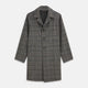 The Turnbull & Asser Grey Multi Check Wool Bernard Car Coat features a collar, three front buttons, long sleeves, and knee-length Prince of Wales check wool, shown against a white background.