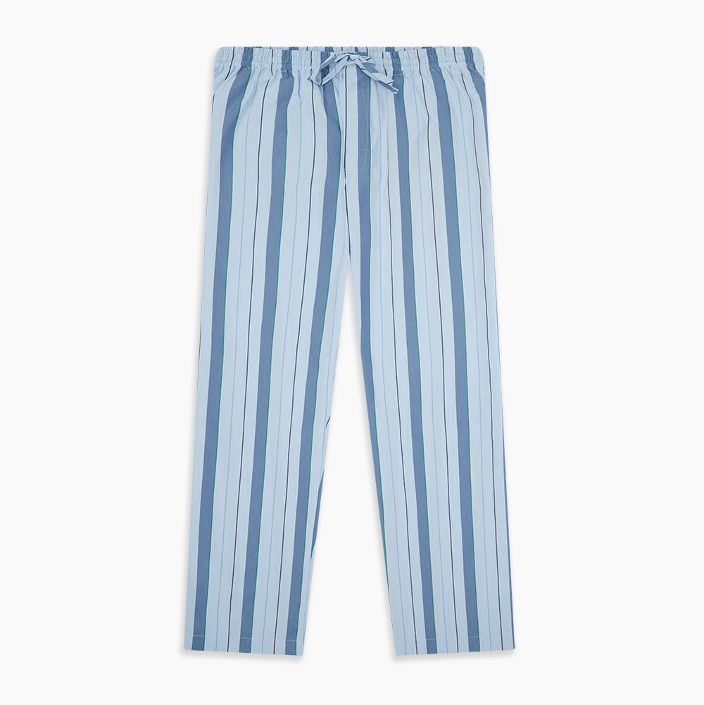 Turnbull & Asser's Blue Multi Stripe Pyjama Trousers feature light blue cotton with a blue multi-stripe pattern, an elastic waistband, and front drawstring, shown laid flat on a white background.