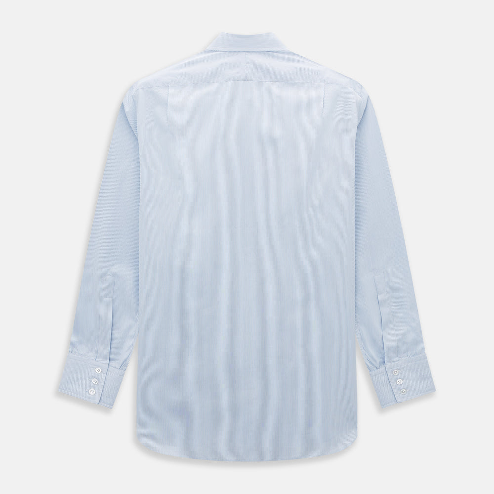 The Turnbull & Asser Sky Blue Hairline Multi Stripe Mayfair Shirt features Italian cotton, long sleeves, a classic collar, white buttons, and a subtle stripe pattern, shown on a plain white background.