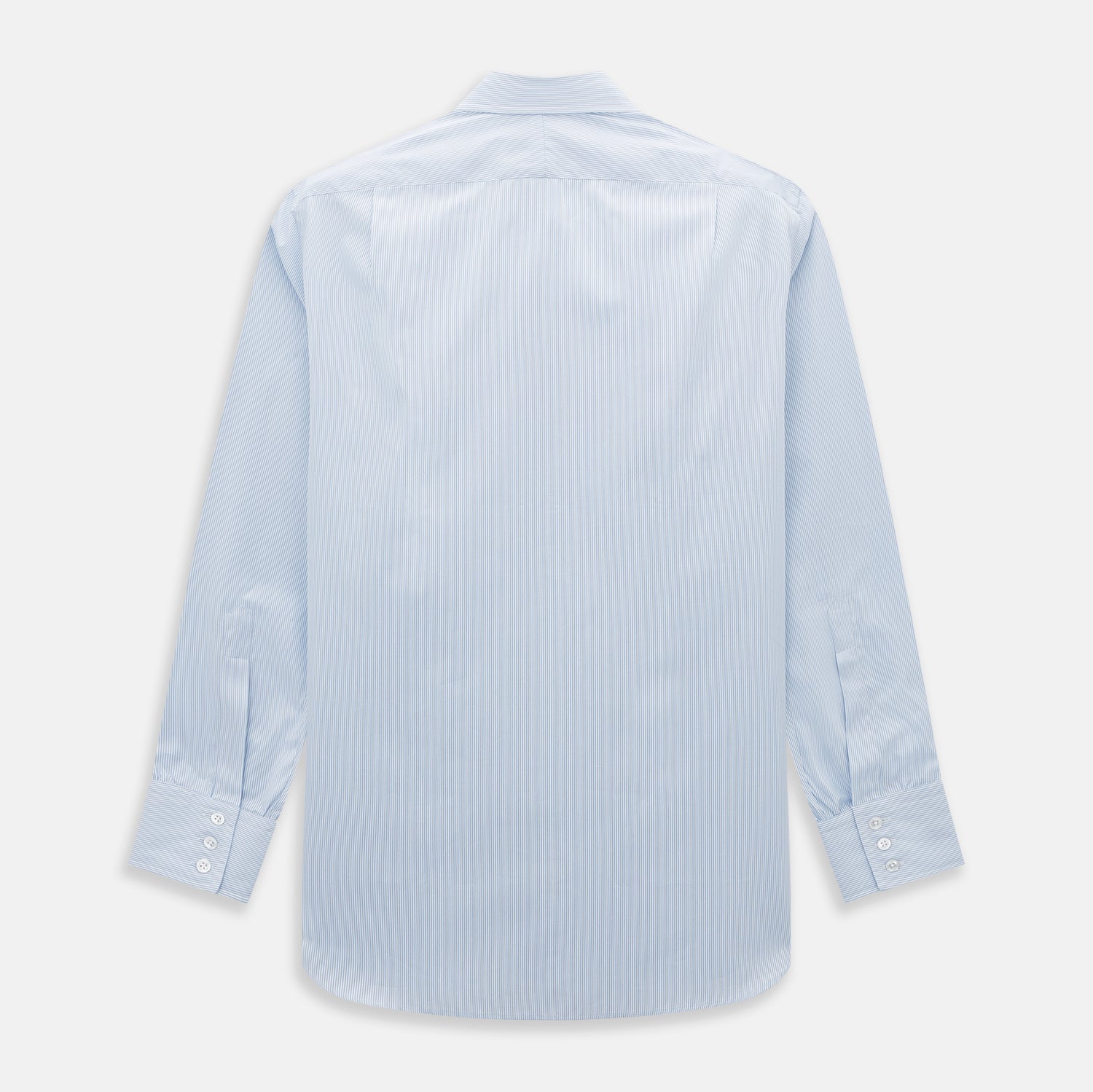 View 3 of product The Turnbull & Asser Sky Blue Hairline Multi Stripe Mayfair Shirt features Italian cotton, long sleeves, a classic collar, white buttons, and a subtle stripe pattern, shown on a plain white background.