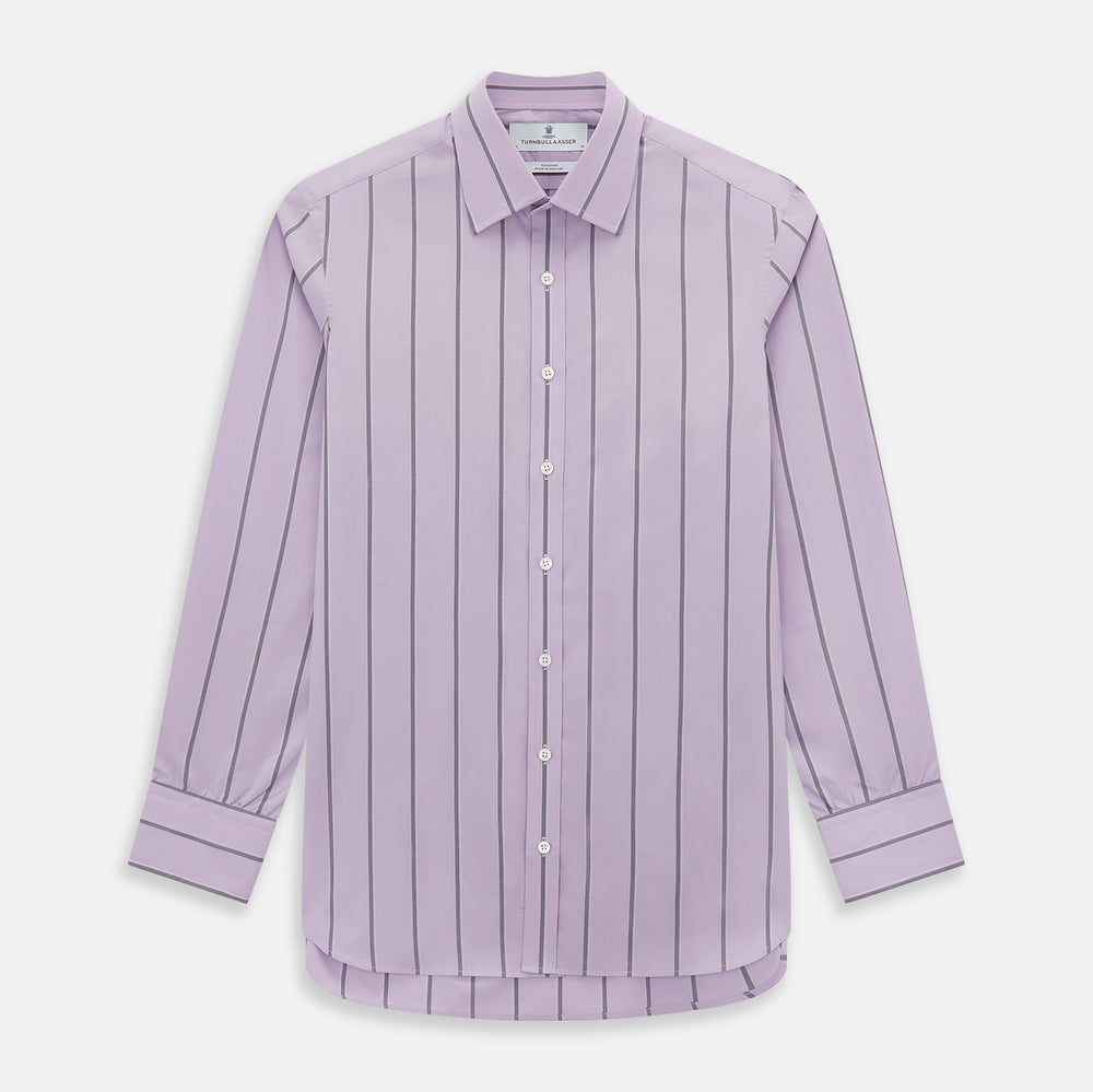 The Turnbull & Asser Lilac Track Stripe Mayfair Shirt is a long-sleeve Italian cotton shirt in light purple with dark lilac vertical stripes, shown laid flat on a white background.
