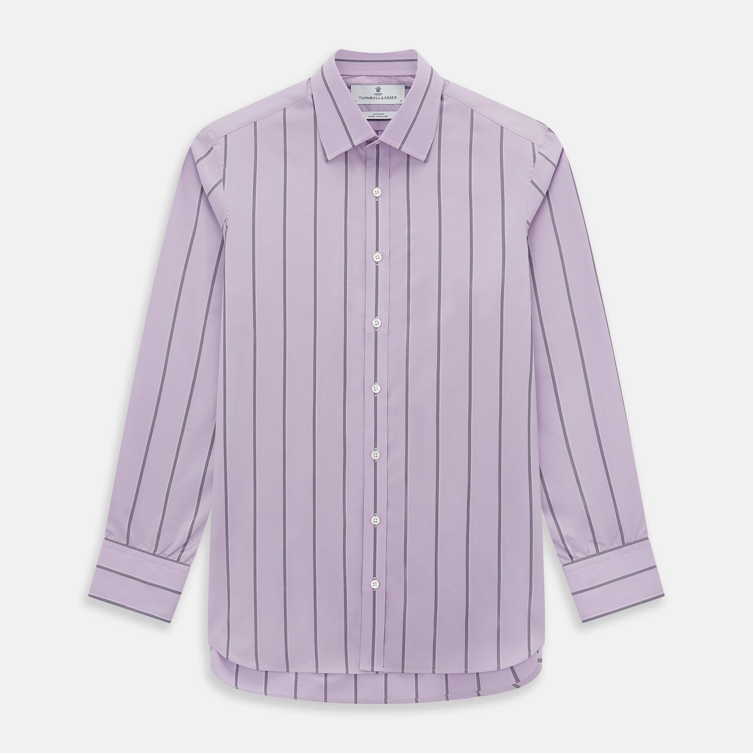 View 1 of product The Turnbull & Asser Lilac Track Stripe Mayfair Shirt is a long-sleeve Italian cotton shirt in light purple with dark lilac vertical stripes, shown laid flat on a white background.