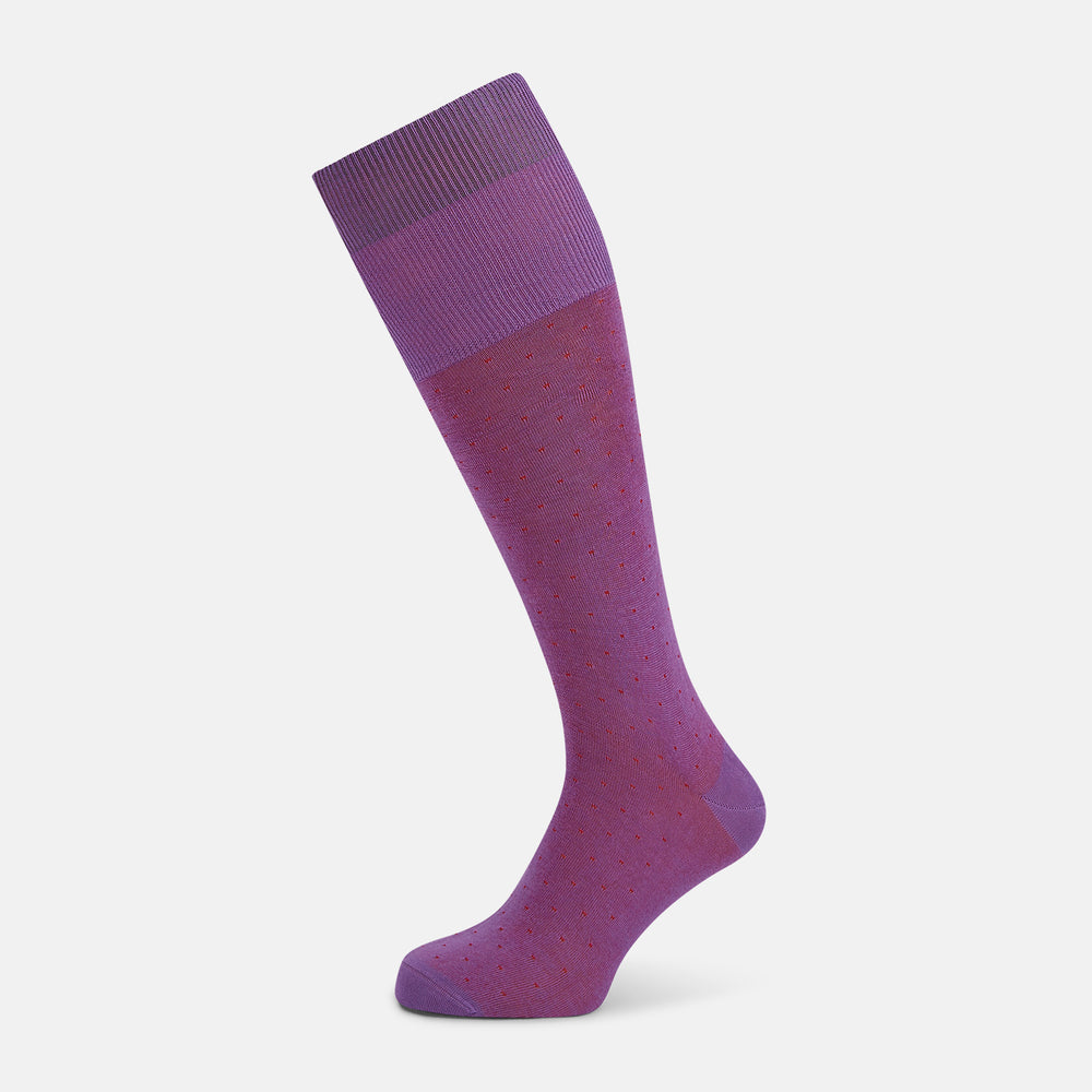 A single Pink/Red Polka Dot Long Sock by Turnbull & Asser, featuring a ribbed cuff and subtle red polka dots, is displayed against a plain white background.