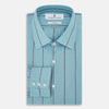View 5 of product The Cendre Blue Track Stripe Westminster Shirt by Turnbull & Asser features a light blue hue, dark vertical stripes, button-down front, classic collar, and buttoned cuffs—showcasing British craftsmanship.