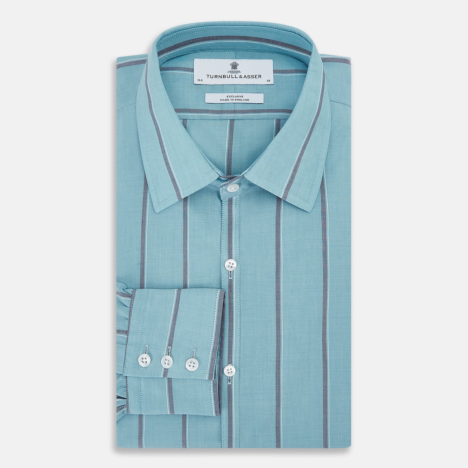View 5 of product The Cendre Blue Track Stripe Westminster Shirt by Turnbull & Asser features a light blue hue, dark vertical stripes, button-down front, classic collar, and buttoned cuffs—showcasing British craftsmanship.