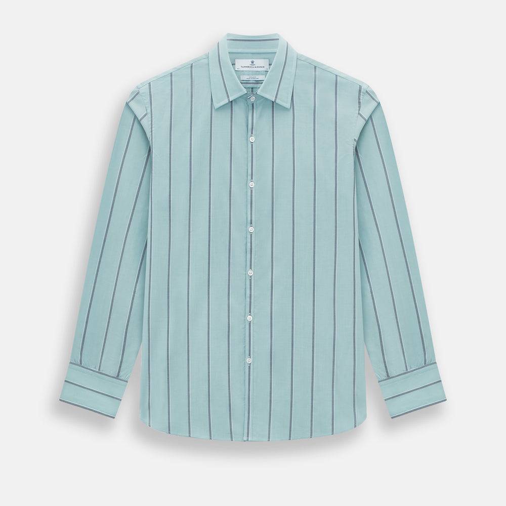 The Light Sage Track Stripe Westminster Shirt by Turnbull & Asser features a Turnbull collar, long sleeves, and vertical track stripes, shown on a white background.