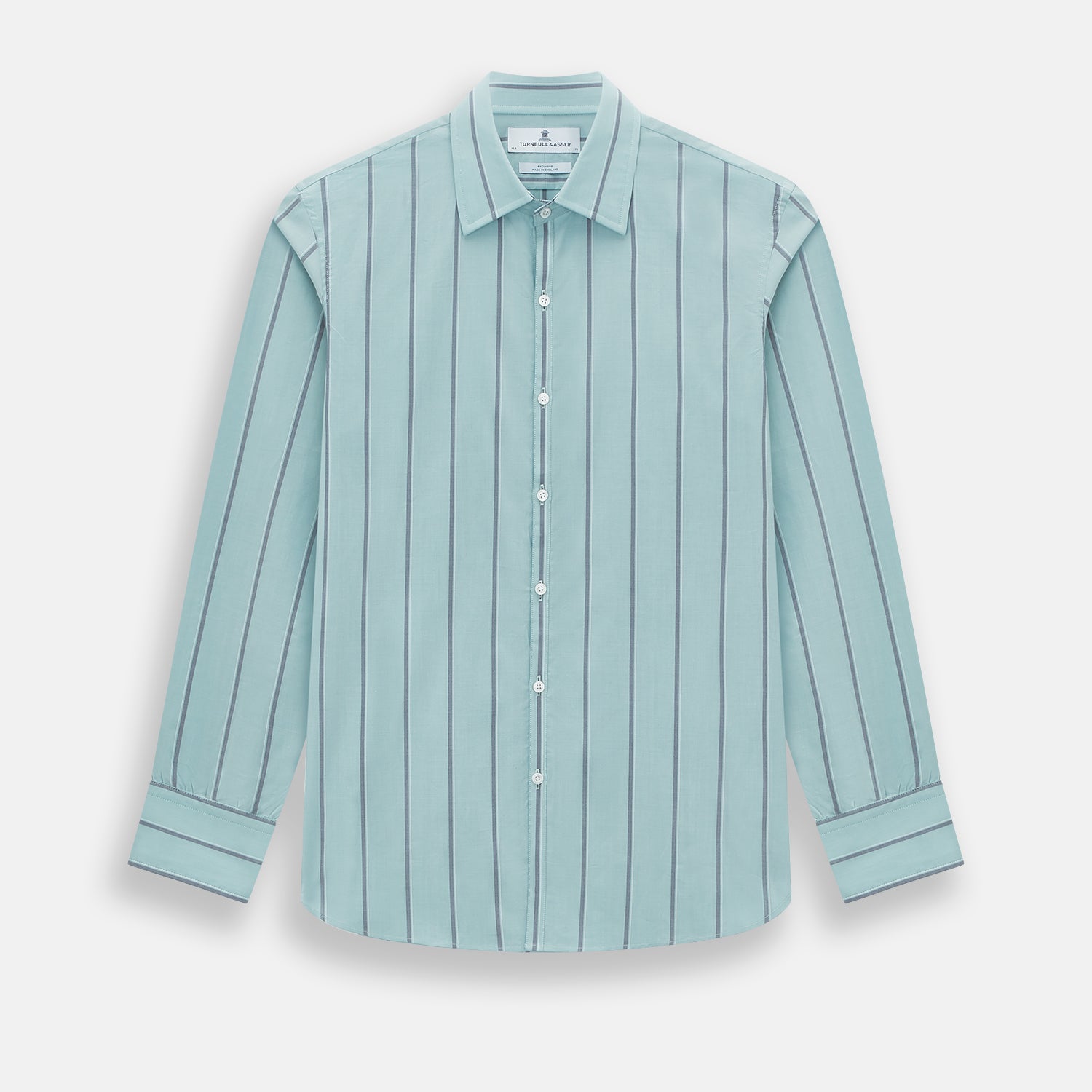 View 1 of product The Light Sage Track Stripe Westminster Shirt by Turnbull & Asser features a Turnbull collar, long sleeves, and vertical track stripes, shown on a white background.