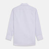 View 5 of product The Turnbull & Asser Lilac Stripe Cotton Regular Fit Mayfair Shirt features thin white and lilac stripes, a T&A collar, and buttoned cuffs, shown laid flat on a white background.