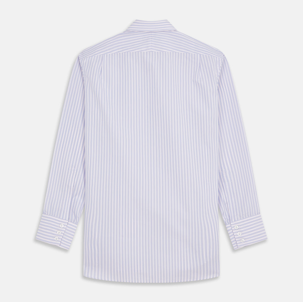 The Turnbull & Asser Lilac Stripe Cotton Regular Fit Mayfair Shirt features thin white and lilac stripes, a T&A collar, and buttoned cuffs, shown laid flat on a white background.