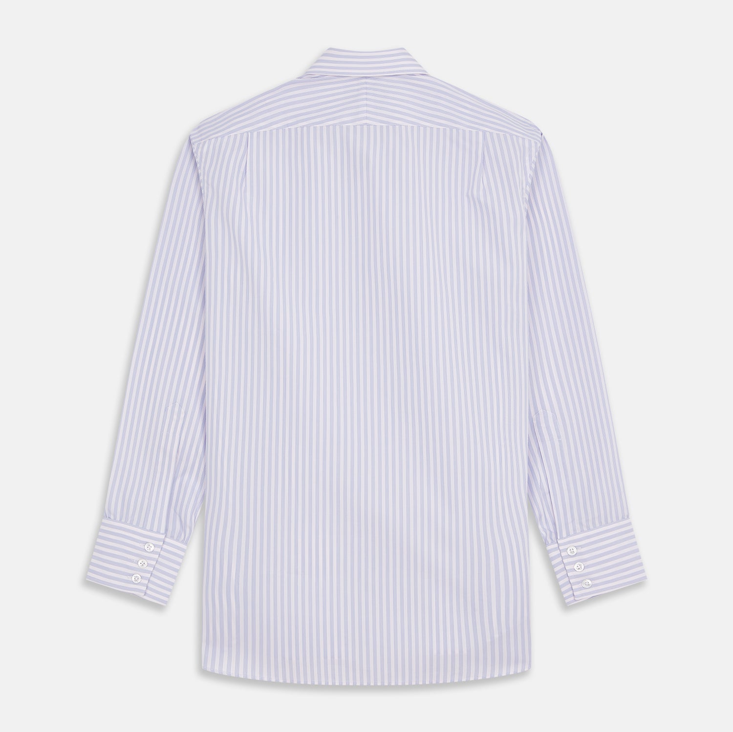 View 5 of product The Turnbull & Asser Lilac Stripe Cotton Regular Fit Mayfair Shirt features thin white and lilac stripes, a T&A collar, and buttoned cuffs, shown laid flat on a white background.