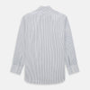 View 3 of product The Turnbull & Asser Brown and Blue Shadow Stripe Mayfair Shirt, featuring long sleeves, a pointed collar, and buttoned cuffs, is crafted from Italian fabric with vertical stripes and shown laid flat on a white background.