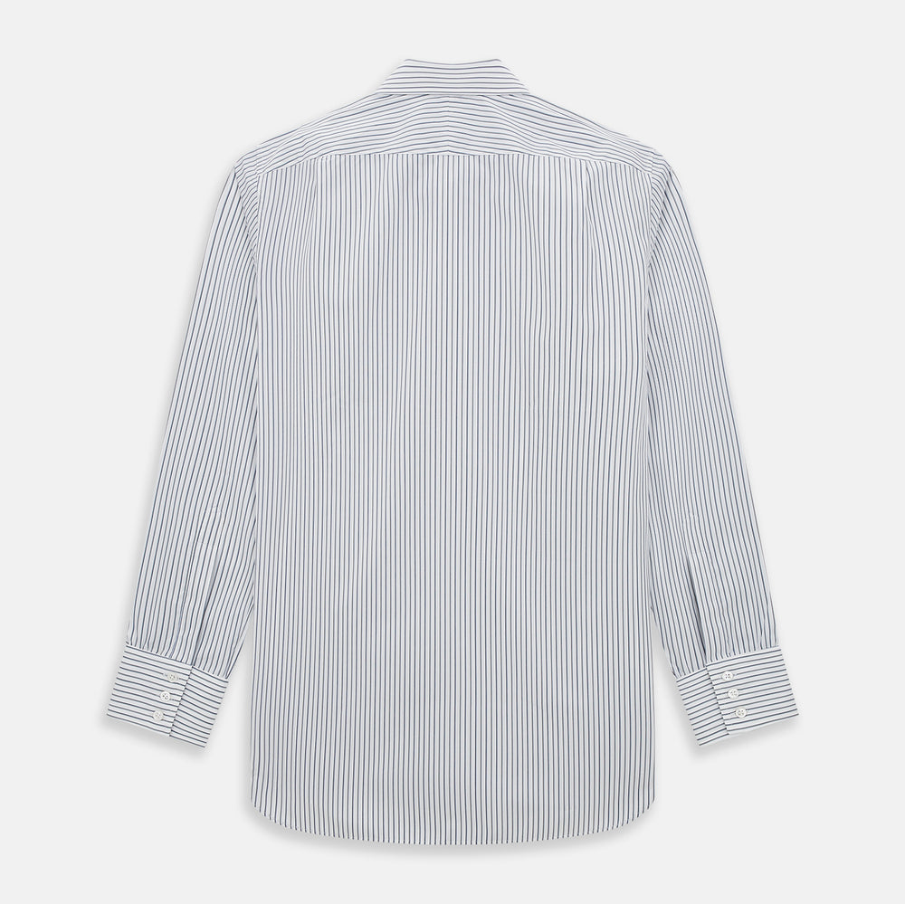 The Turnbull & Asser Brown and Blue Shadow Stripe Mayfair Shirt, featuring long sleeves, a pointed collar, and buttoned cuffs, is crafted from Italian fabric with vertical stripes and shown laid flat on a white background.