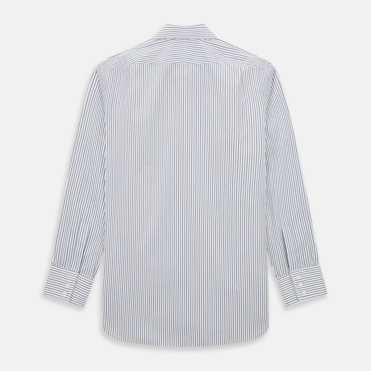 View 3 of product The Turnbull & Asser Brown and Blue Shadow Stripe Mayfair Shirt, featuring long sleeves, a pointed collar, and buttoned cuffs, is crafted from Italian fabric with vertical stripes and shown laid flat on a white background.