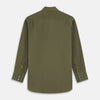 View 5 of product The Turnbull & Asser Green Silk Regular Fit Flaxton Shirt features long sleeves, a classic Bury collar, white buttons, and a straight hem, shown against a plain white background.