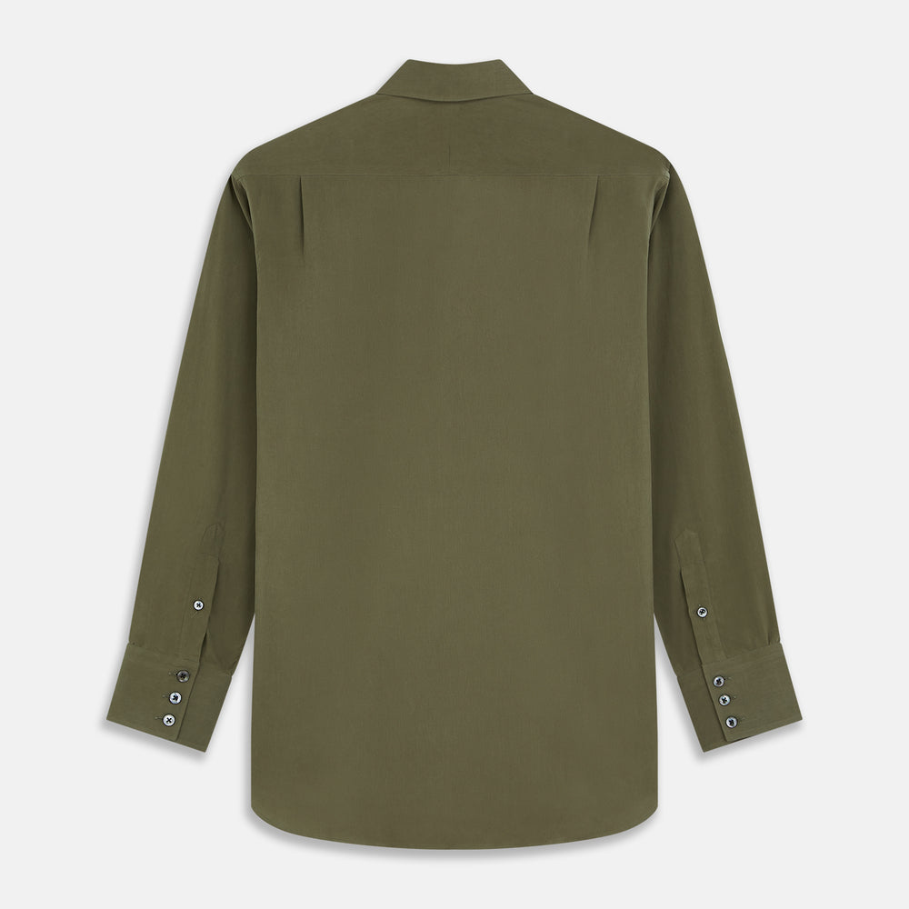 The Turnbull & Asser Green Silk Regular Fit Flaxton Shirt features long sleeves, a classic Bury collar, white buttons, and a straight hem, shown against a plain white background.
